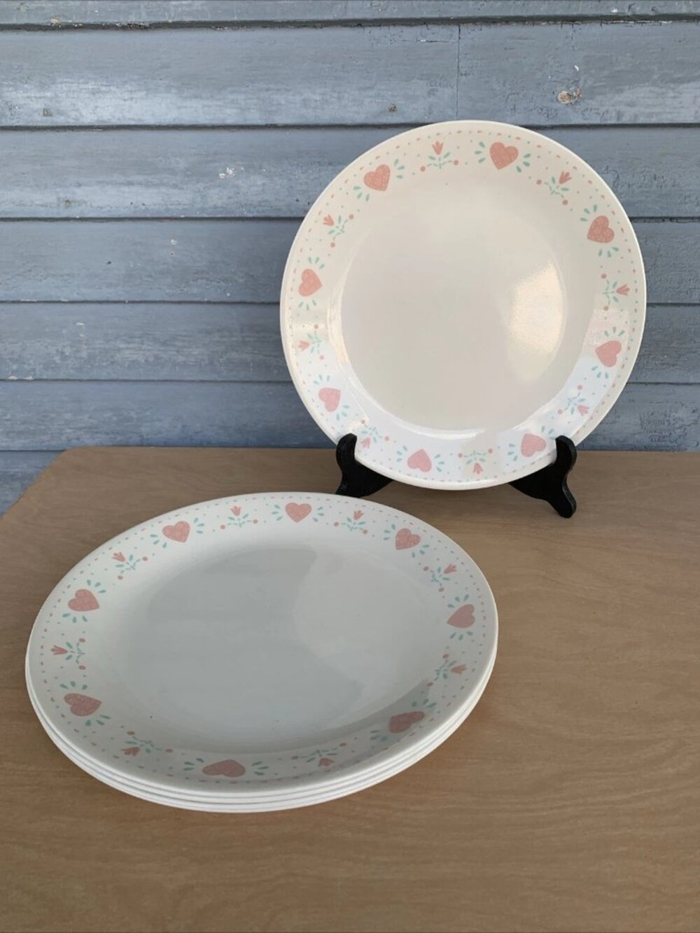 Set of 5 Vintage Dinner Plates Corelle Forever Yours 10.25" Pink Hearts Cream
